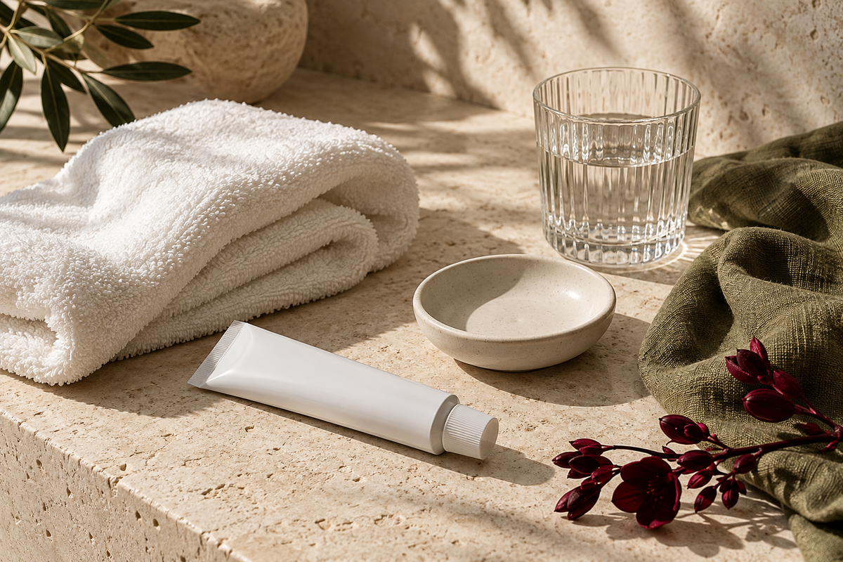 AI-generated editorial still life of a simple aftercare setup; not a product recommendation