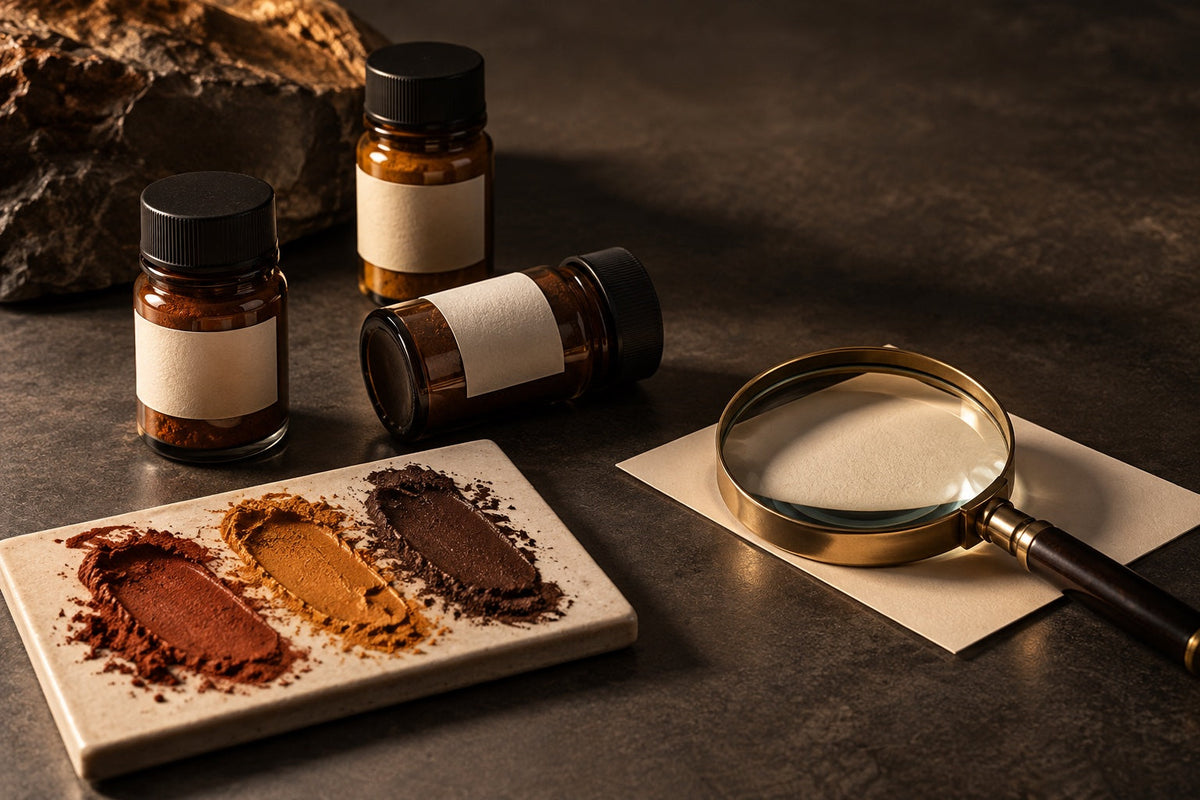 Amber pigment bottles and colour swatches: AI editorial illustration