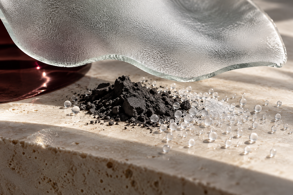 AI-generated frosted glass and dark pigment material study; not a treatment result