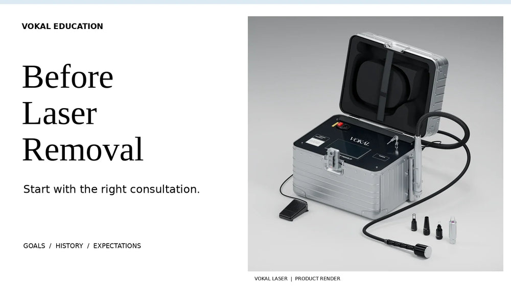 VOKAL laser device in an open silver case with handpieces and accessories beside the heading Before Laser Removal.