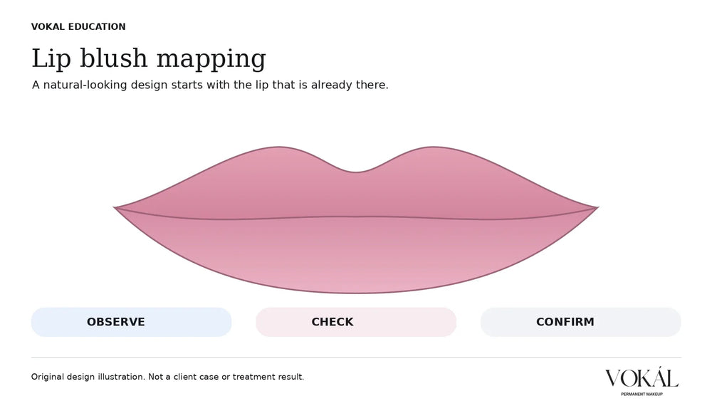 VOKAL lip blush mapping guide with an original lip-contour illustration and the stages observe, check and confirm.