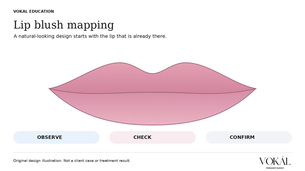 VOKAL lip blush mapping guide with an original lip-contour illustration and the stages observe, check and confirm.