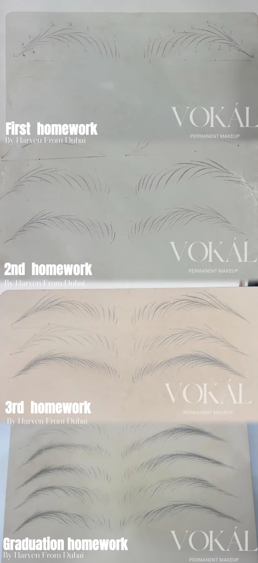 Four stages of a student’s brow practice, from first homework to graduation