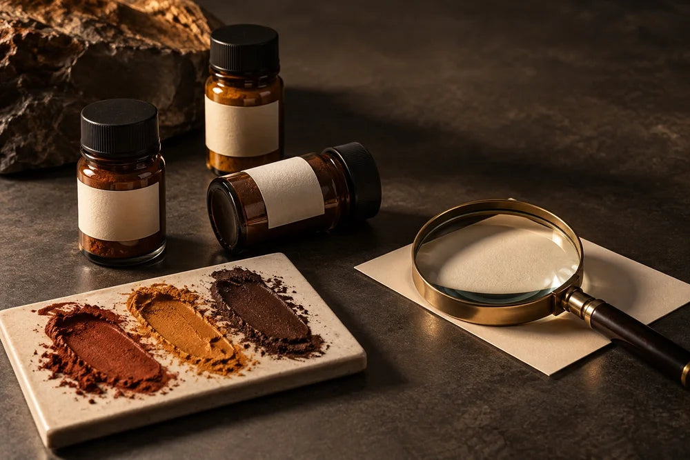 Editorial illustration of pigment bottles and colour swatches