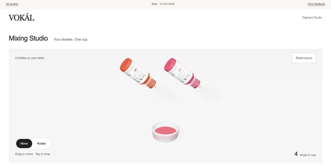 Actual VOKAL Studio preview with two pigment bottles and a mixing cup