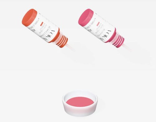 K02 and K06 pigment bottles above a cup of mixed pink colour in the 3D Mixing Studio.